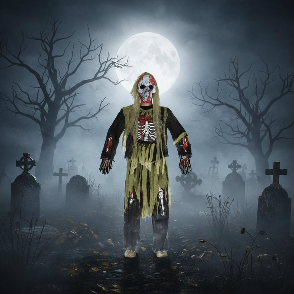 Halloween Skeleton Costume Kids' Zombie With Skull Mask And Gloves Three-Piece Set - Image 2