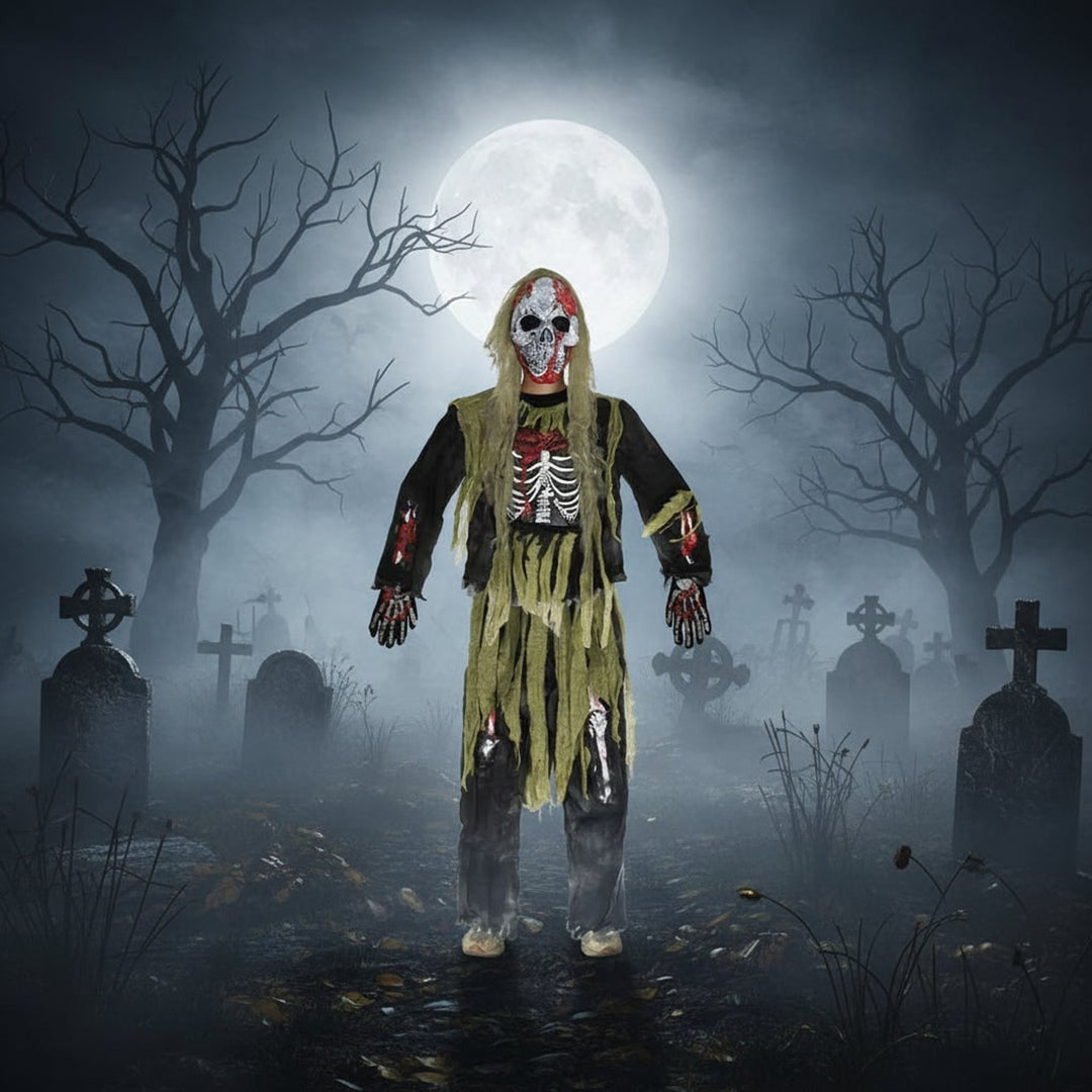 Halloween Skeleton Costume Kids' Zombie With Skull Mask And Gloves Three-Piece Set - Image 2