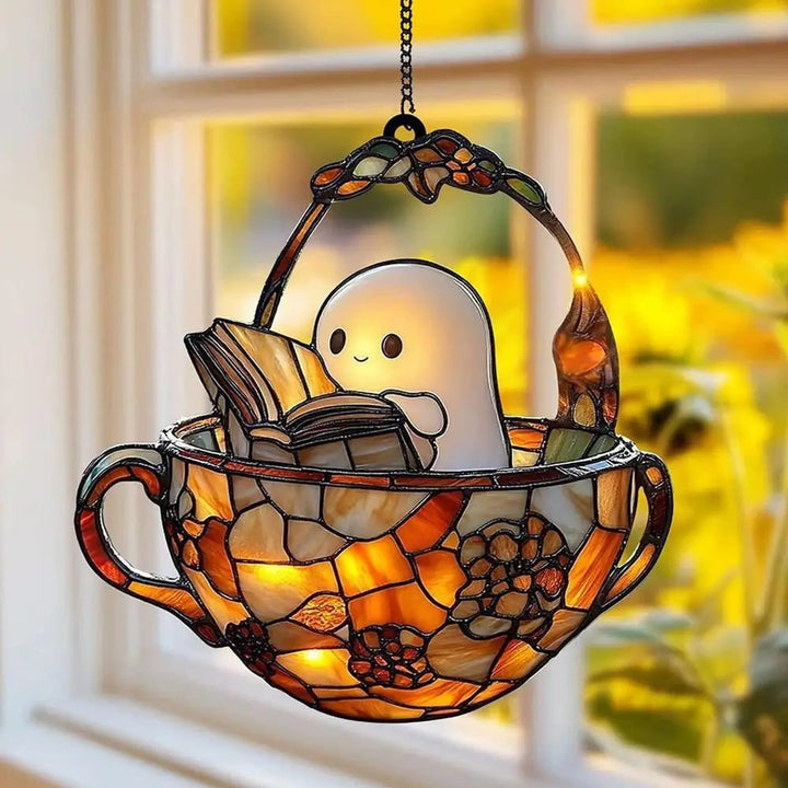 Halloween Suncatcher Stained Glass Teacup With Ghost Reading Book Hanging Window Decor With Sunlight-Reactive Color Effect And Included Chain - Image 2
