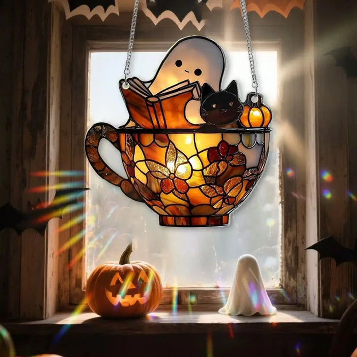 Halloween Suncatcher Stained Glass Teacup With Ghost Reading Book Hanging Window Decor With Sunlight-Reactive Color Effect And Included Chain - Image 3