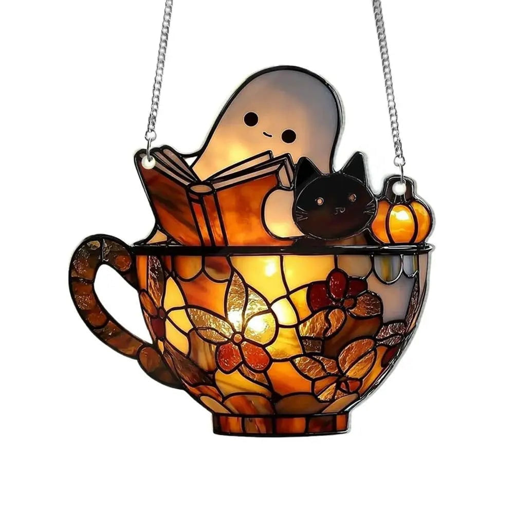 Halloween Suncatcher Stained Glass Teacup With Ghost Reading Book Hanging Window Decor With Sunlight-Reactive Color Effect And Included Chain - Image 4