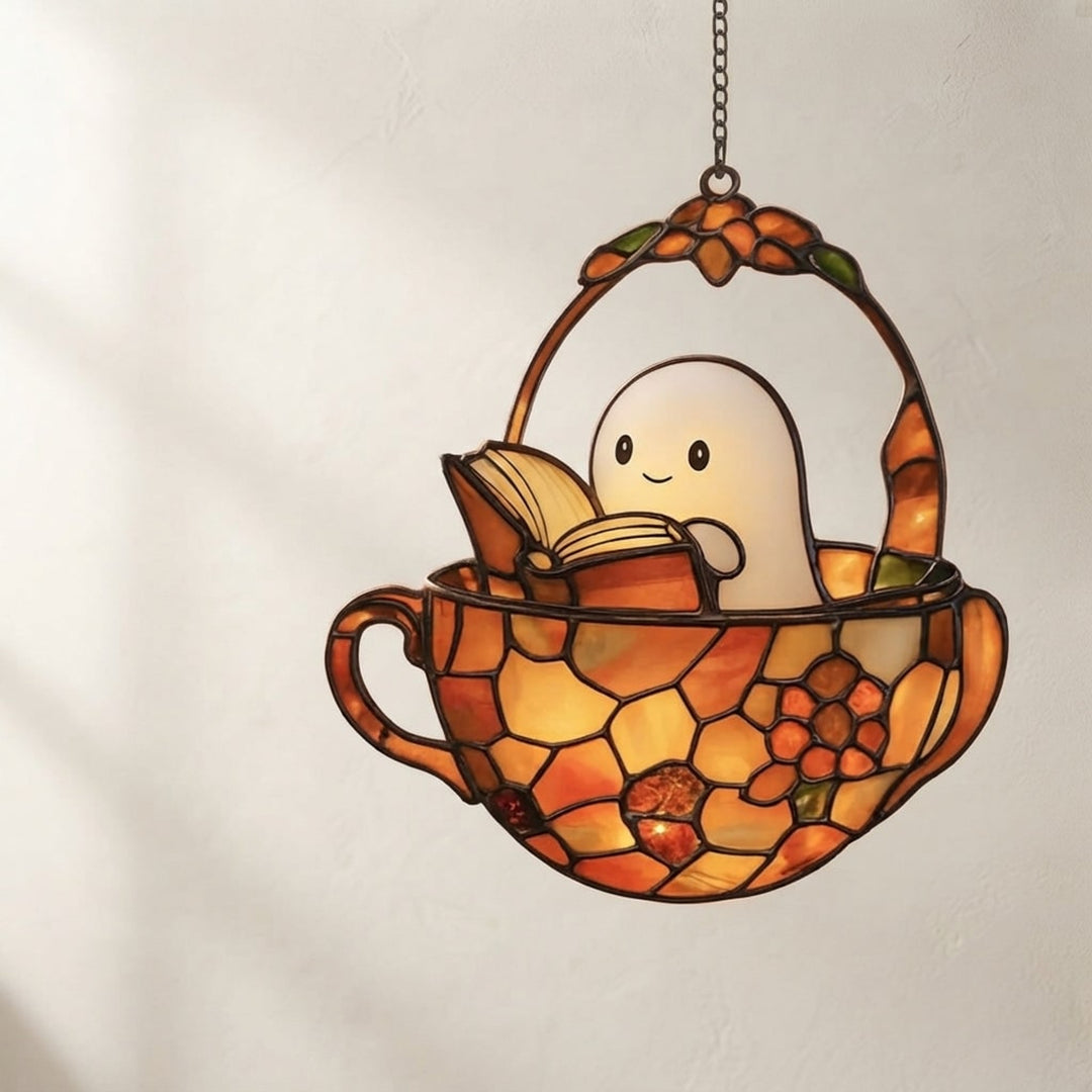 Halloween Suncatcher Stained Glass Teacup With Ghost Reading Book Hanging Window Decor With Sunlight-Reactive Color Effect And Included Chain - Image 1