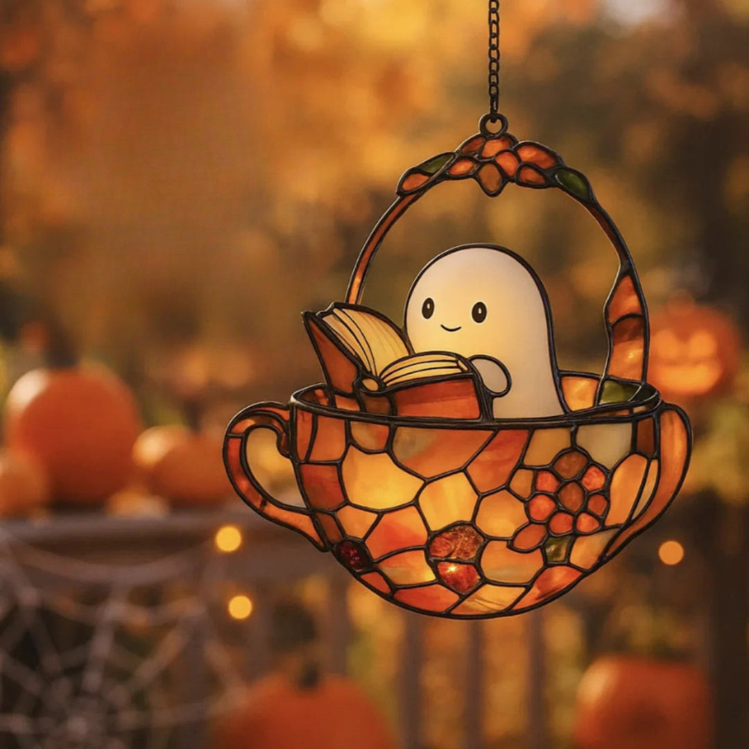 Halloween Suncatcher Stained Glass Teacup With Ghost Reading Book Hanging Window Decor With Sunlight-Reactive Color Effect And Included Chain - Image 5