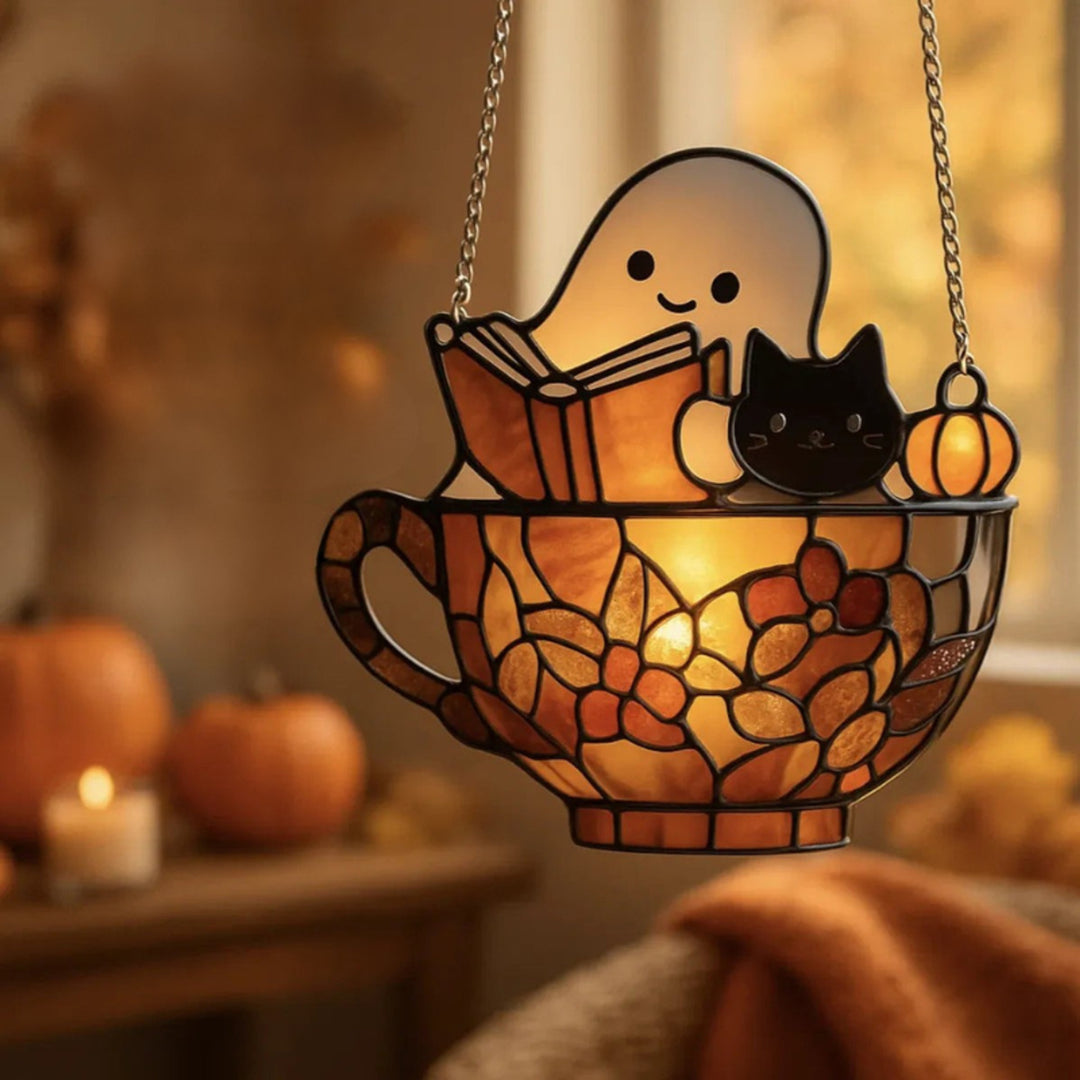 Halloween Suncatcher Stained Glass Teacup With Ghost Reading Book Hanging Window Decor With Sunlight-Reactive Color Effect And Included Chain - Image 6