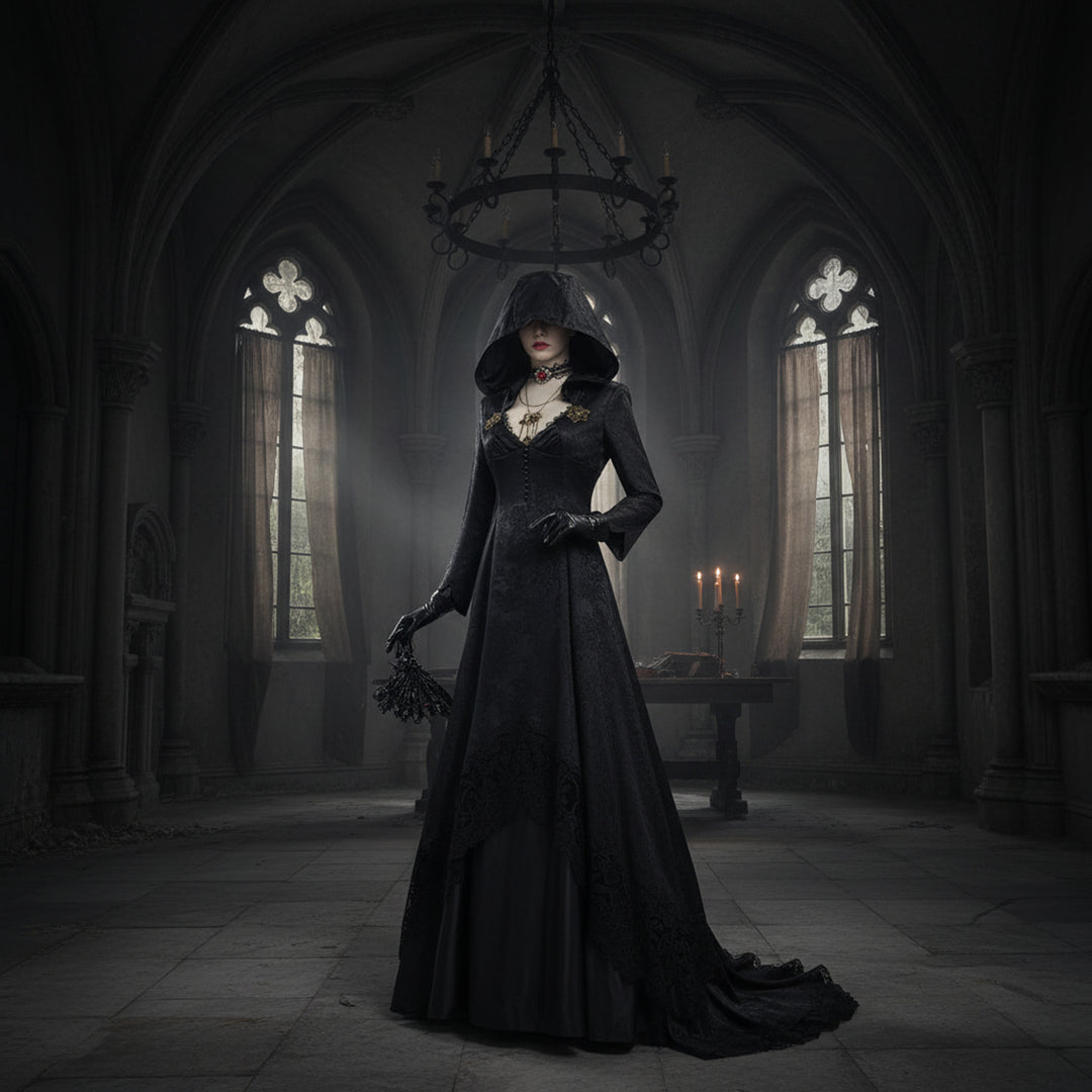 Halloween Vampire Costume Gothic Hooded Black Dress With Gloves Lace Choker Pendant Elegant Floor-Length Ensemble - Image 1