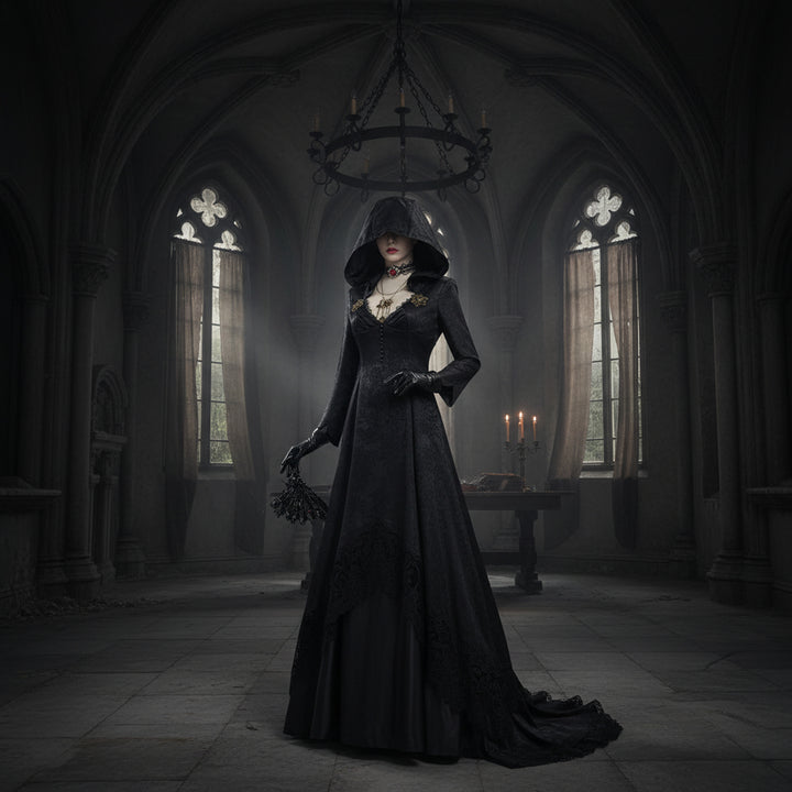 Halloween Vampire Costume Gothic Hooded Black Dress With Gloves Lace Choker Pendant Elegant Floor-Length Ensemble - Image 1