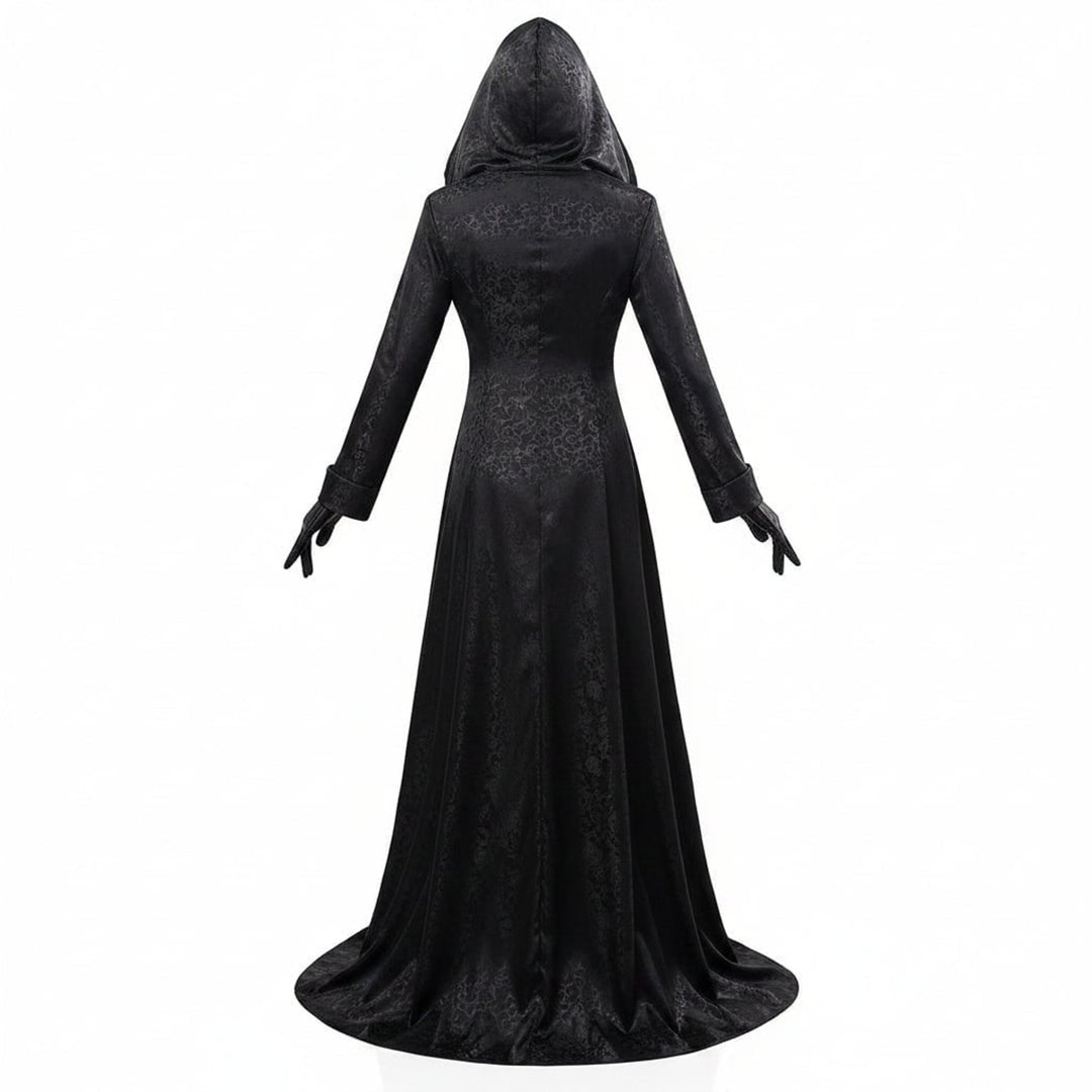 Halloween Vampire Costume Gothic Hooded Black Dress With Gloves Lace Choker Pendant Elegant Floor-Length Ensemble - Image 3