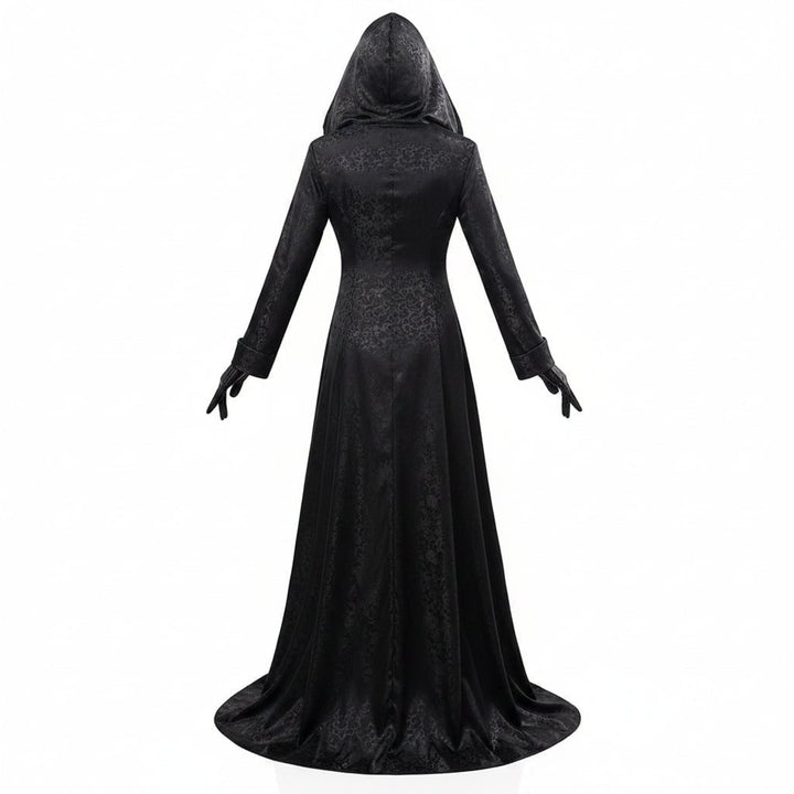 Halloween Vampire Costume Gothic Hooded Black Dress With Gloves Lace Choker Pendant Elegant Floor-Length Ensemble - Image 3
