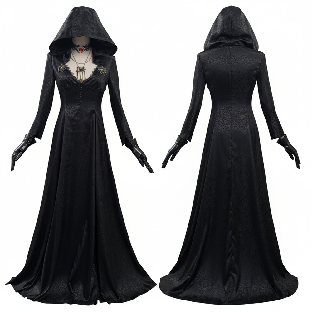 Halloween Vampire Costume Gothic Hooded Black Dress With Gloves Lace Choker Pendant Elegant Floor-Length Ensemble - Image 2