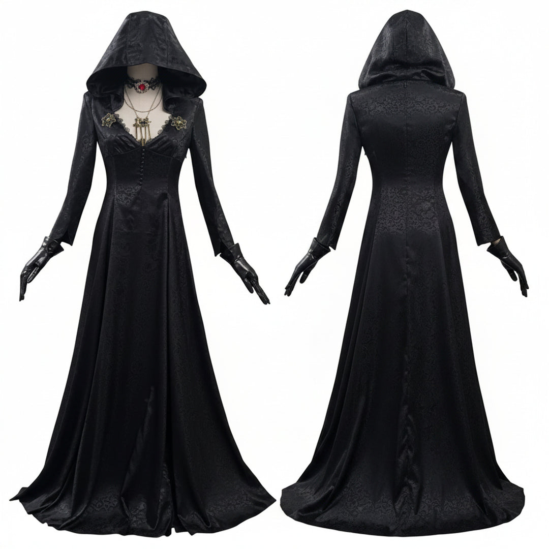 Halloween Vampire Costume Gothic Hooded Black Dress With Gloves Lace Choker Pendant Elegant Floor-Length Ensemble - Image 2