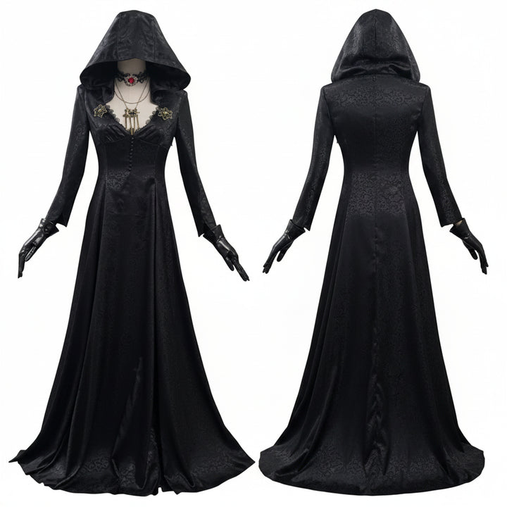 Halloween Vampire Costume Gothic Hooded Black Dress With Gloves Lace Choker Pendant Elegant Floor-Length Ensemble - Image 2
