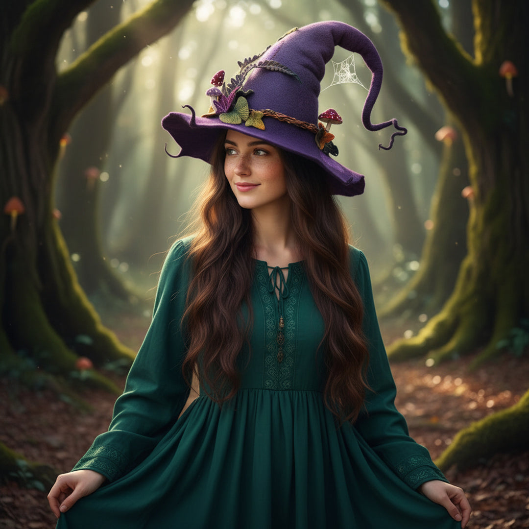 Halloween Witch Felted Wool Hat With Spiderweb Embroidery Comfortable Easy To Wear - Image 1