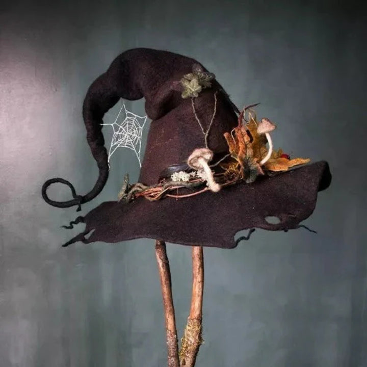 Halloween Witch Felted Wool Hat With Spiderweb Embroidery Comfortable Easy To Wear - Image 4