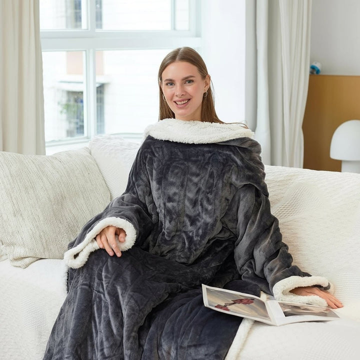 Heated Wearable Blanket Hooded Fleece With Foot Pocket - Image 1