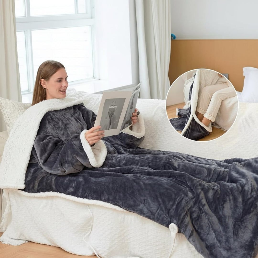 Heated Wearable Blanket Hooded Fleece With Foot Pocket - Image 3