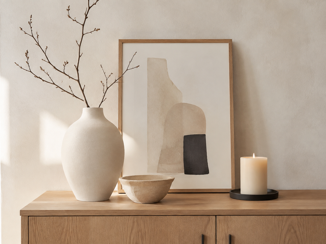 Minimal home decor arrangement with ceramic vase, bowl, artwork and candle
