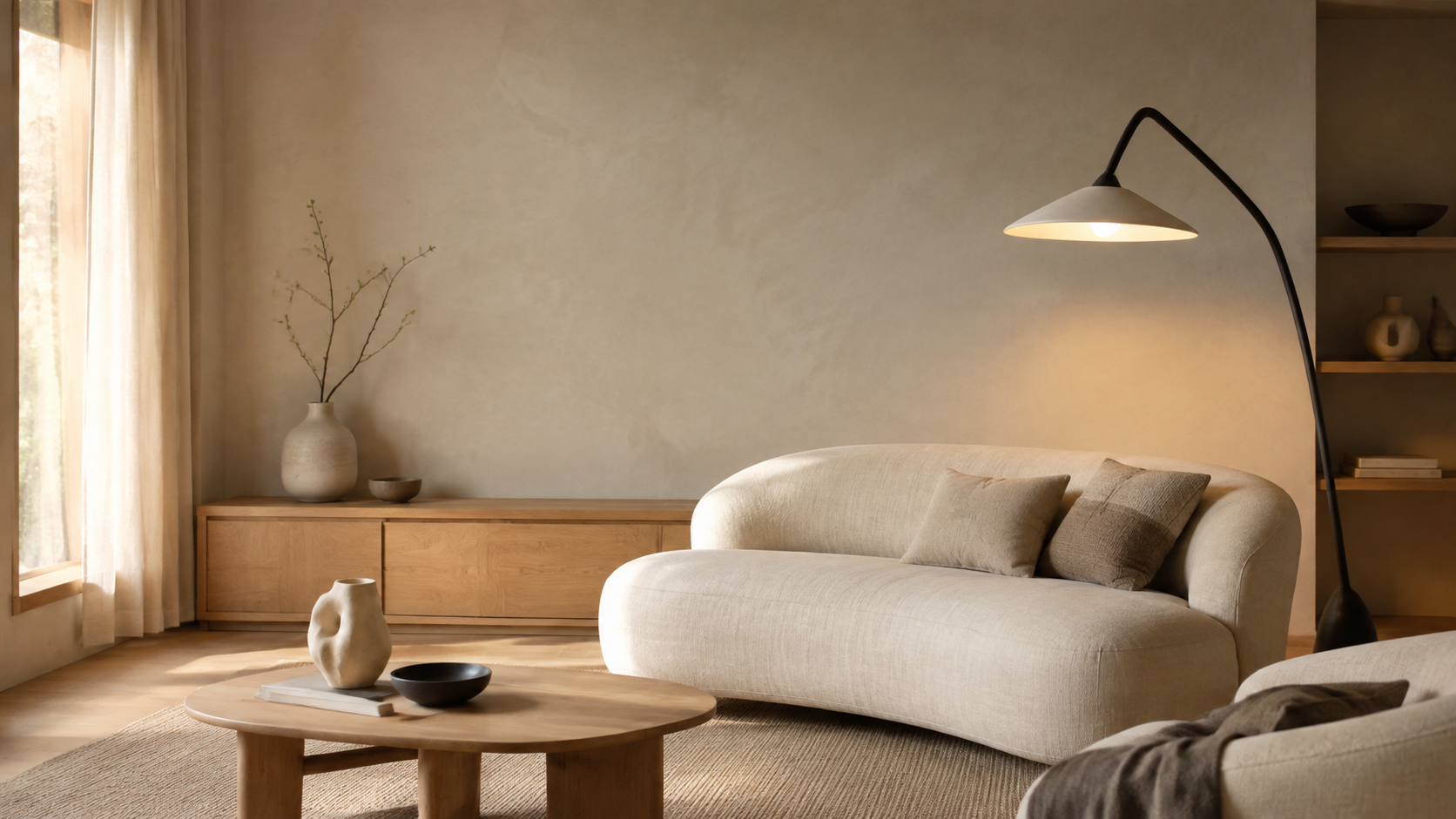 Warm contemporary living room with sculptural floor lamp and neutral decor