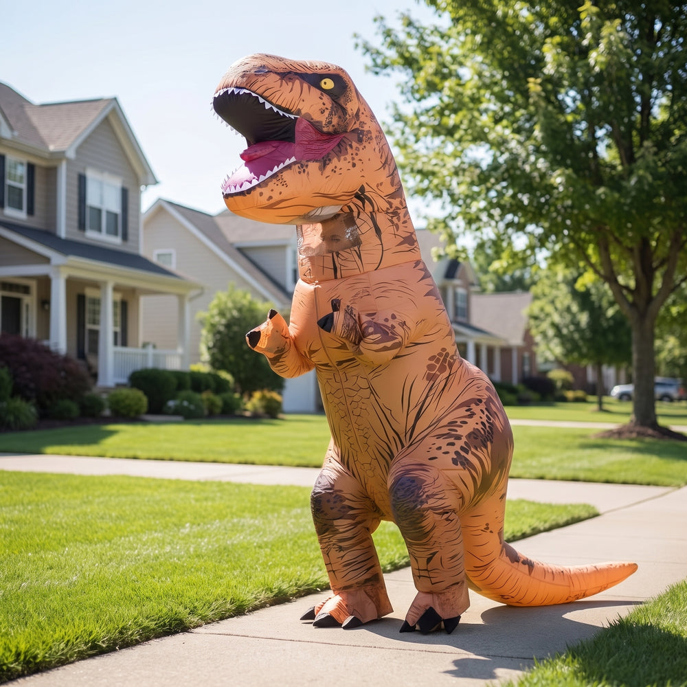 Halloween Inflatable Costume Dinosaur Blow Up T-Rex Outfit With Instant Inflation - in-use