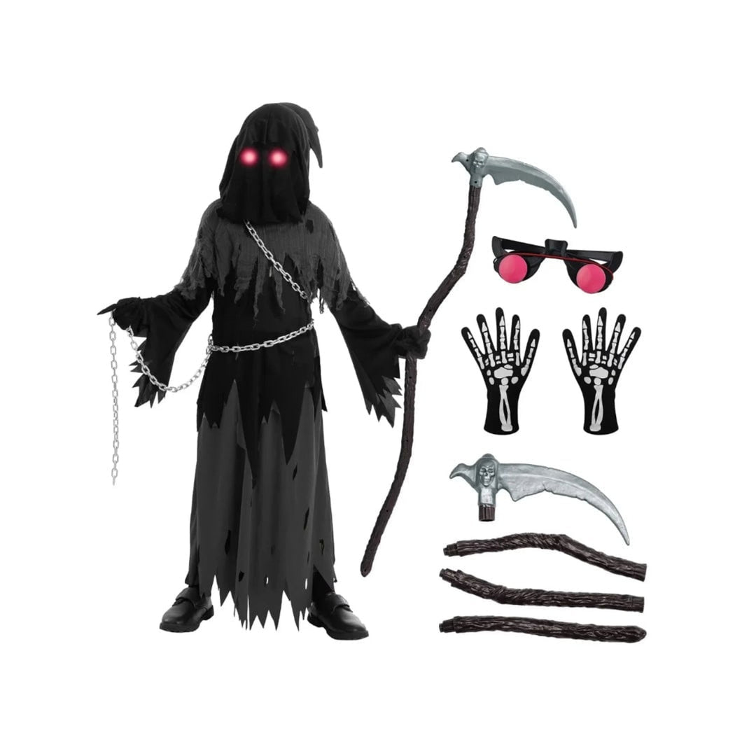 Kids' Halloween Costume Grim Reaper Hooded Robe Set With Glowing Eyes And Complete Scythe - Image 3