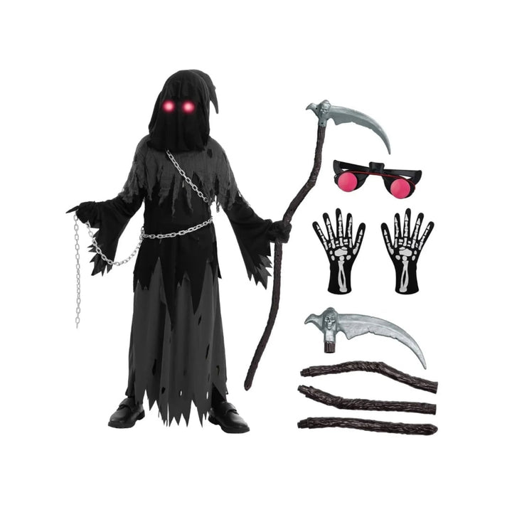 Kids' Halloween Costume Grim Reaper Hooded Robe Set With Glowing Eyes And Complete Scythe - Image 3