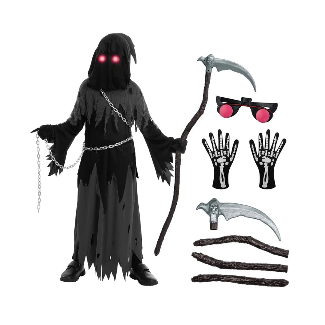Kids' Halloween Costume Grim Reaper Hooded Robe Set With Glowing Eyes And Complete Scythe - Image 4