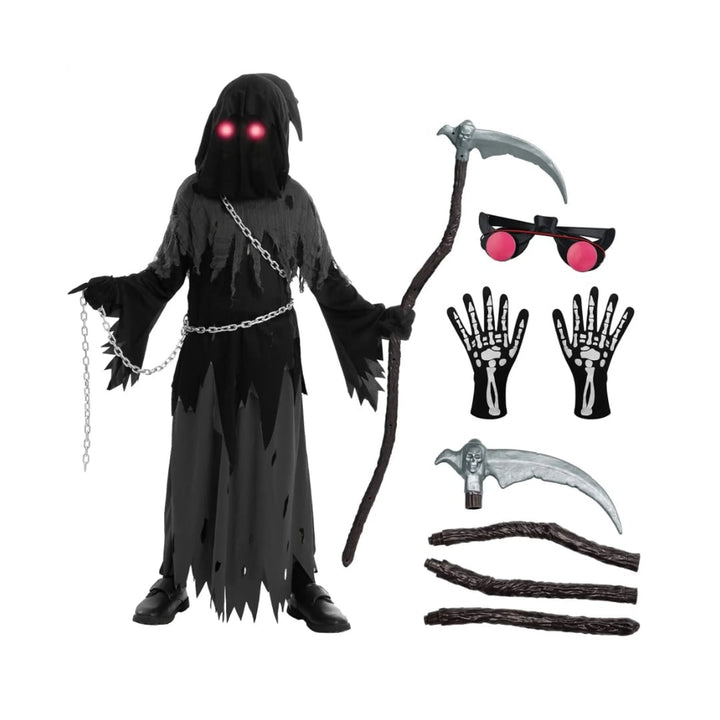 Kids' Halloween Costume Grim Reaper Hooded Robe Set With Glowing Eyes And Complete Scythe - Image 4