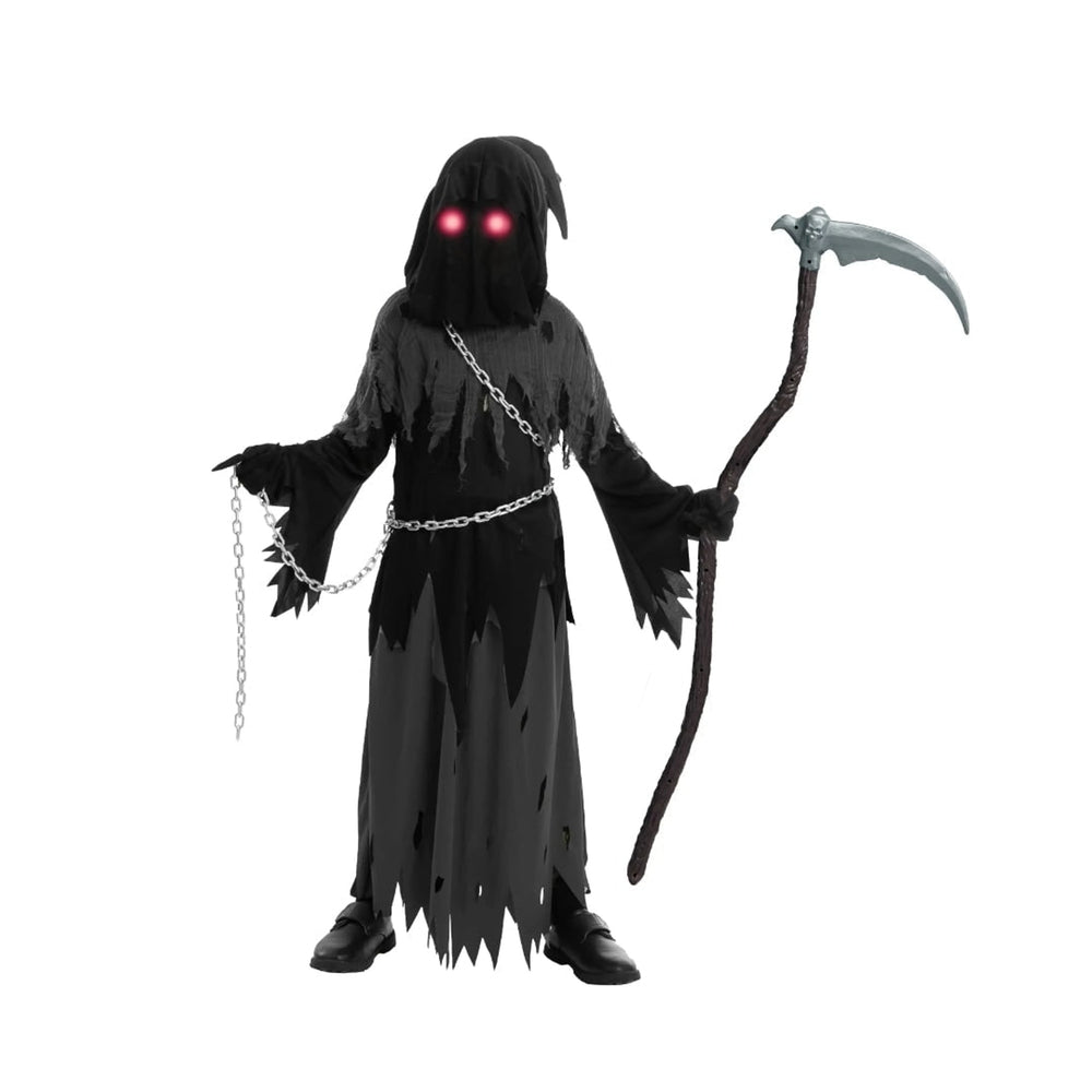 Kids' Halloween Costume Grim Reaper Hooded Robe Set With Glowing Eyes And Complete Scythe - Image 6