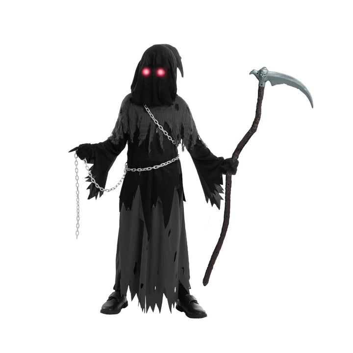 Kids' Halloween Costume Grim Reaper Hooded Robe Set With Glowing Eyes And Complete Scythe - Image 6