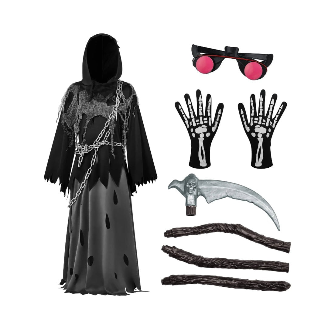 Kids' Halloween Costume Grim Reaper Hooded Robe Set With Glowing Eyes And Complete Scythe - Image 7