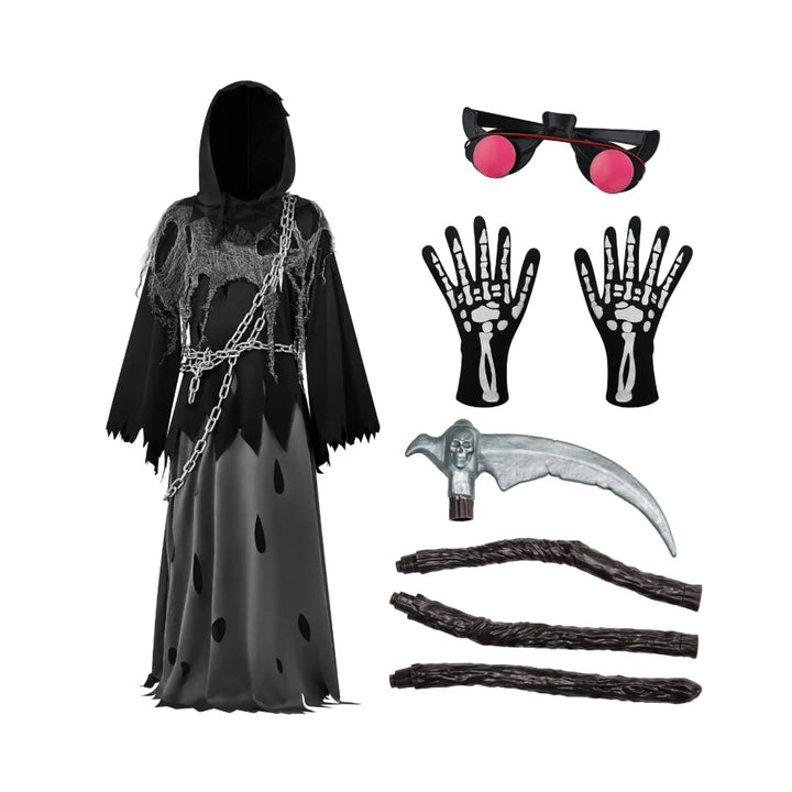 Kids' Halloween Costume Grim Reaper Hooded Robe Set With Glowing Eyes And Complete Scythe - Image 7