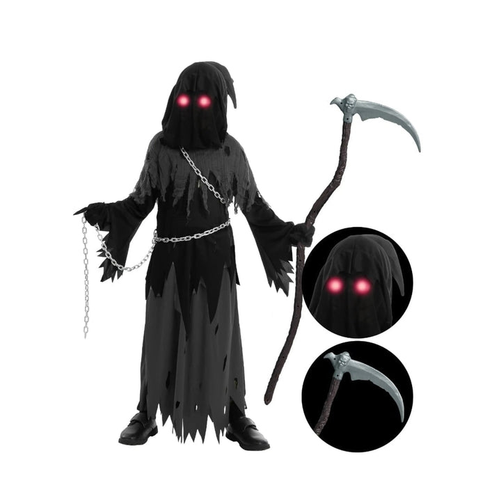 Kids' Halloween Costume Grim Reaper Hooded Robe Set With Glowing Eyes And Complete Scythe - Image 5