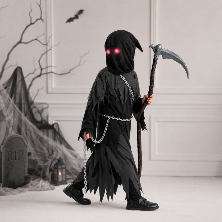 Kids' Halloween Costume Grim Reaper Hooded Robe Set With Glowing Eyes And Complete Scythe - Image 1