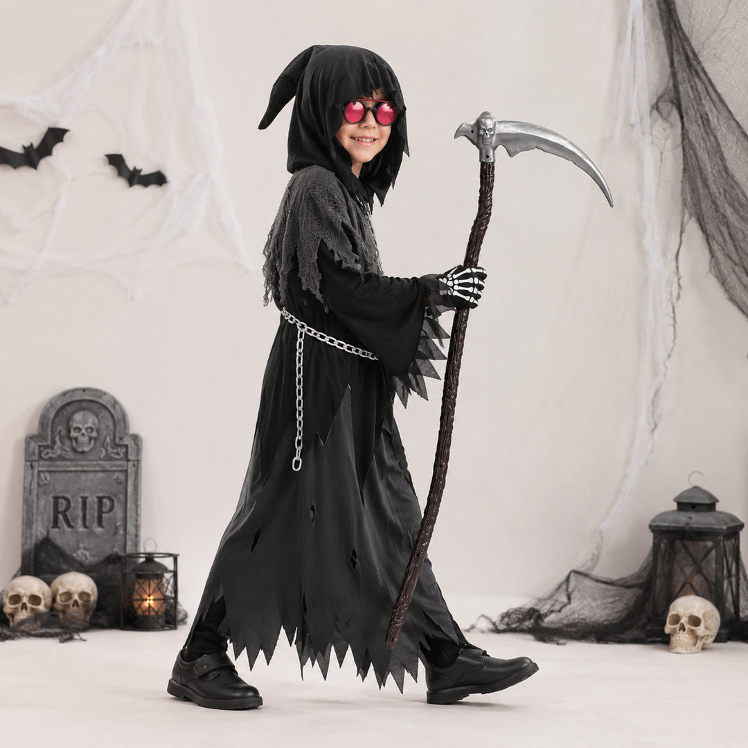 Kids' Halloween Costume Grim Reaper Hooded Robe Set With Glowing Eyes And Complete Scythe - Image 2