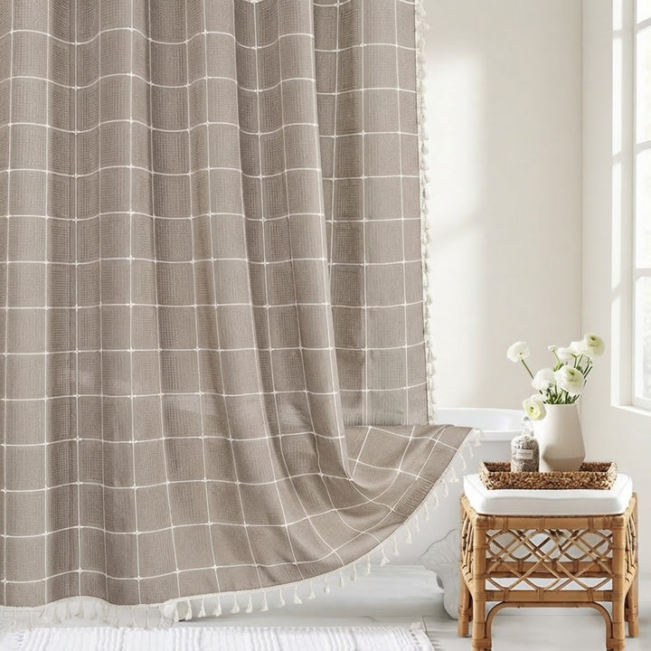 Linen Shower Curtain With Tassel Trim - Image 1
