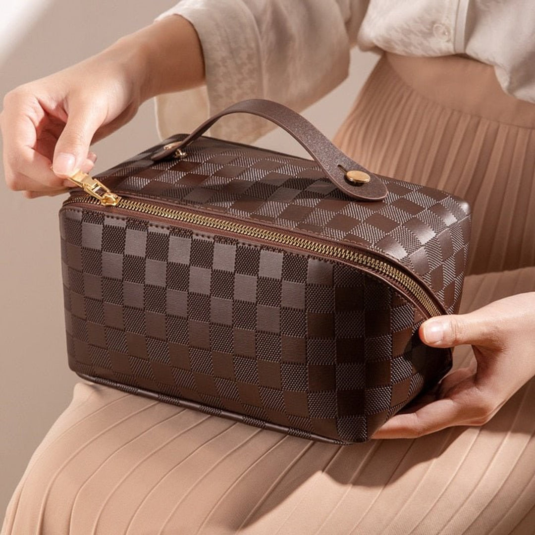 Minimalistic Synthetic Leather Cosmetic Bag With Organizer And Handle - Image 6