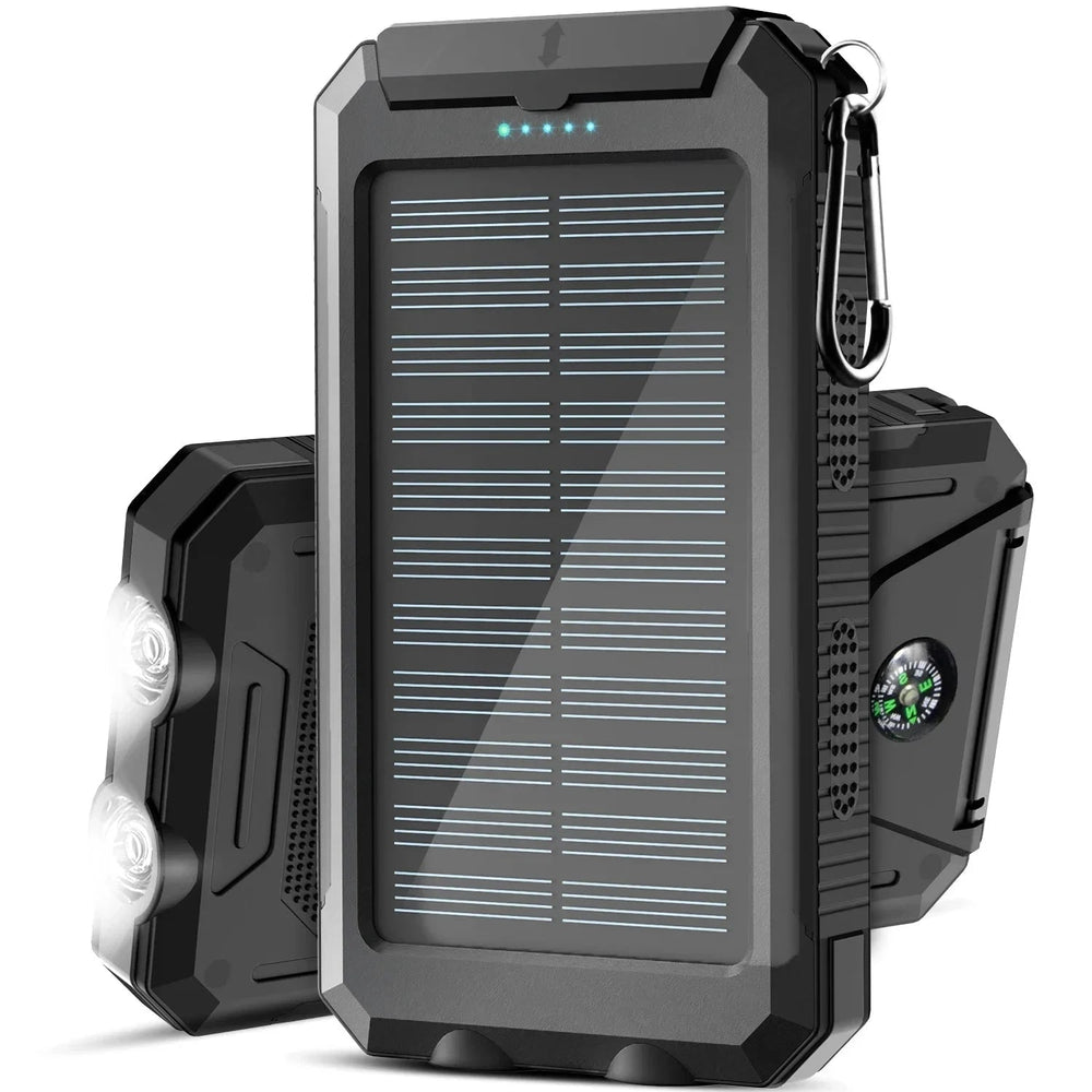 Solar Power Bank With Dual USB Outputs IP67 Waterproof LED Flashlight And Carabiner - Image 1