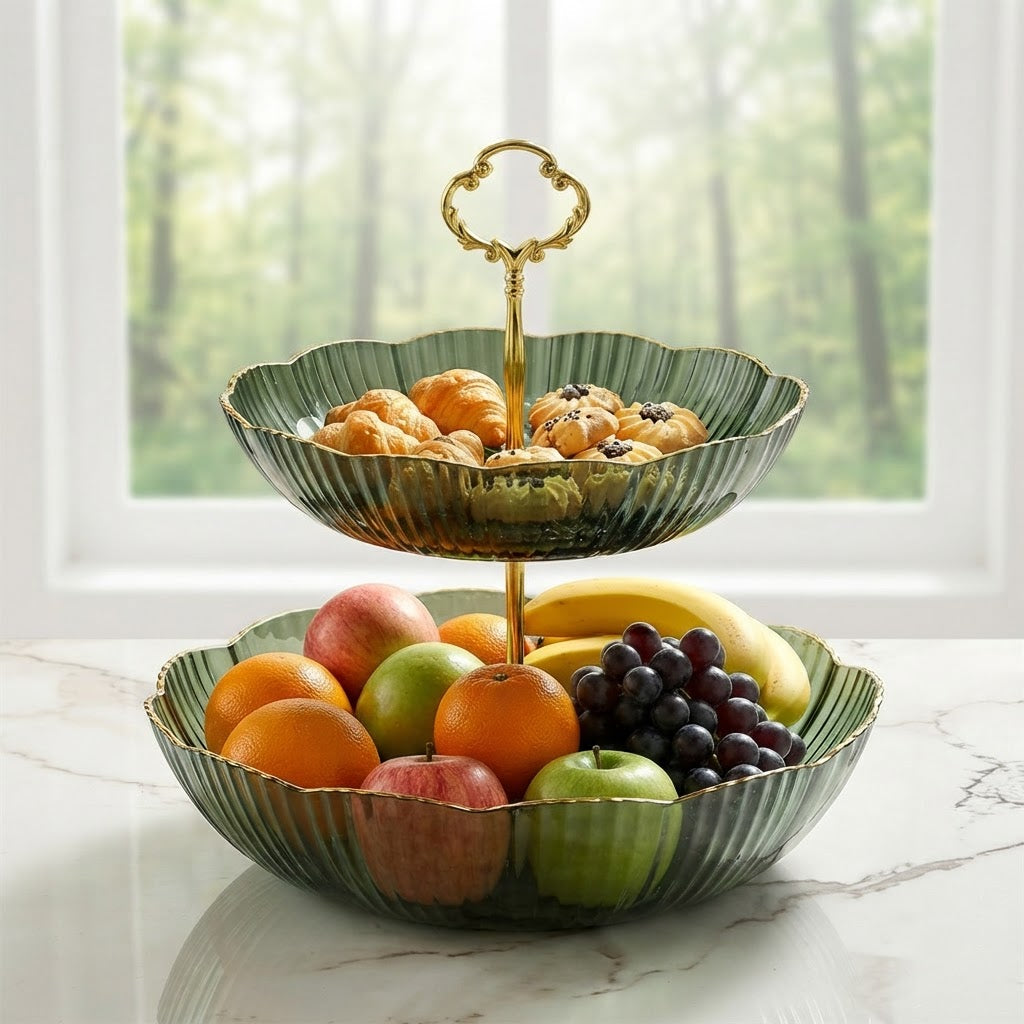 Tiered Fruit Bowl Organizer With Scalloped Petal Bowls And Gold Handle - Image 2