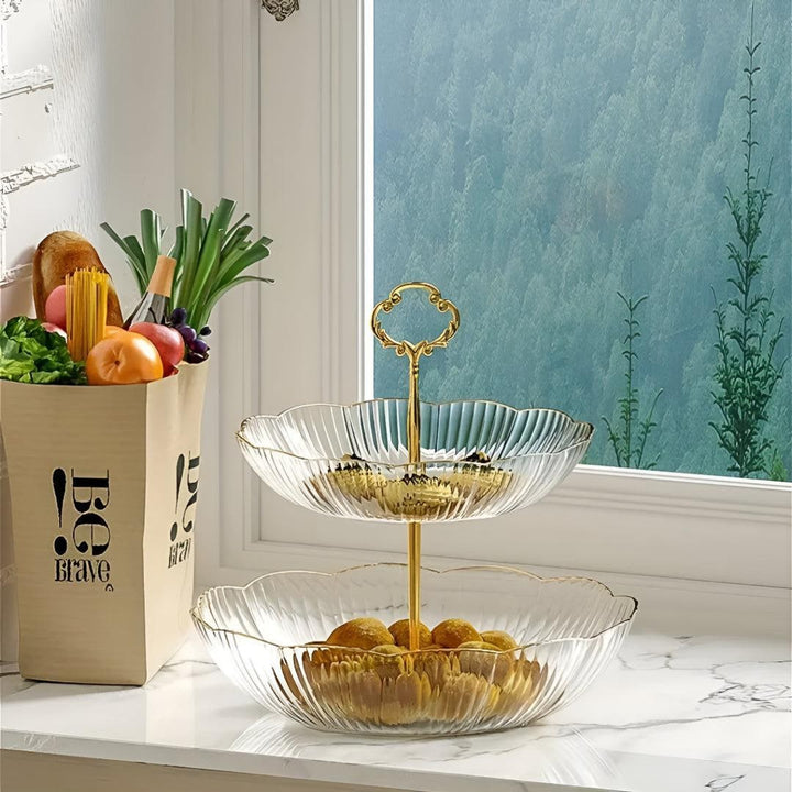 Tiered Fruit Bowl Organizer With Scalloped Petal Bowls And Gold Handle - Image 1
