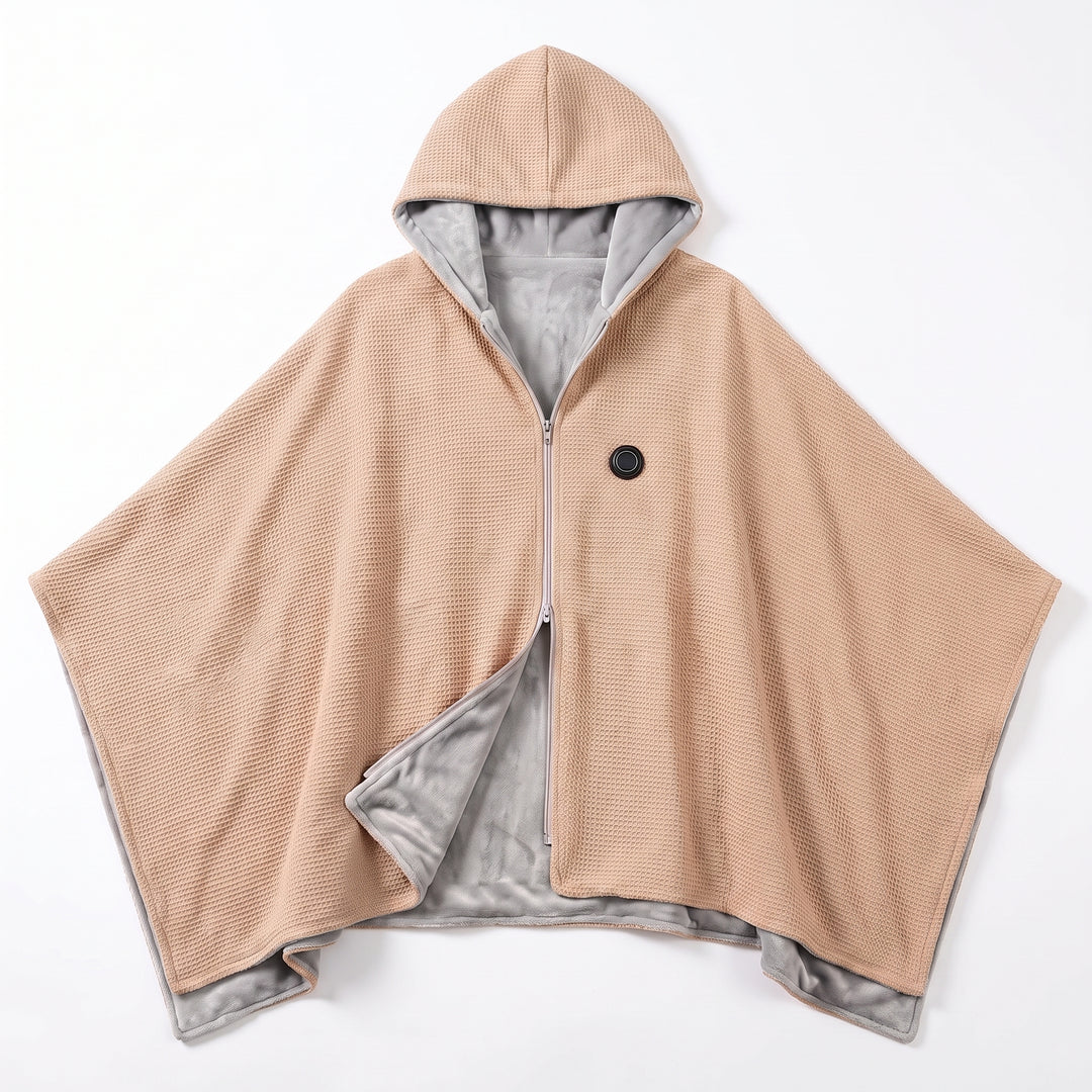 Wearable Heated Blanket with Supportive Poncho Wrap and Zipper Front - Khaki