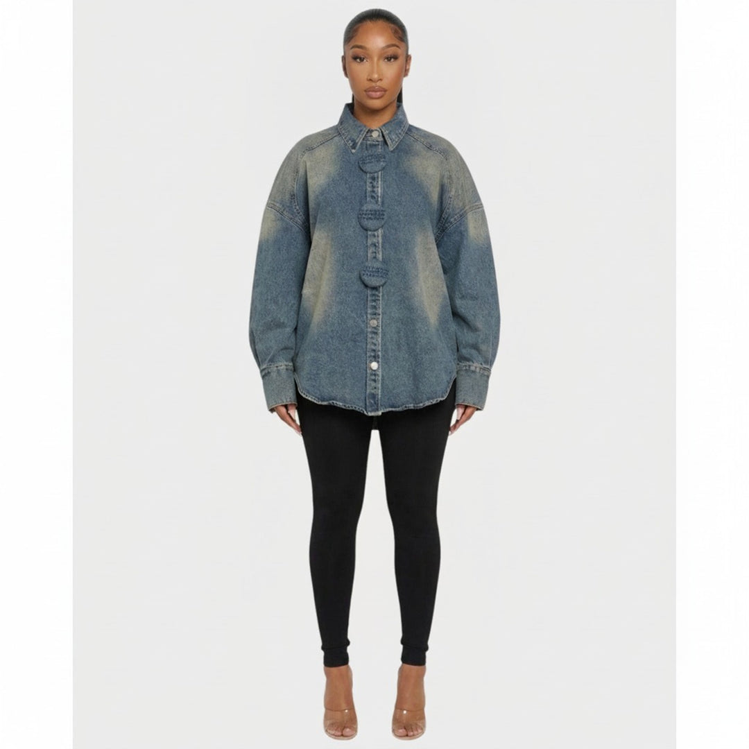 Denim Shirt Jacket with Relaxed Oversized Fit and Washed Finish - Image 1