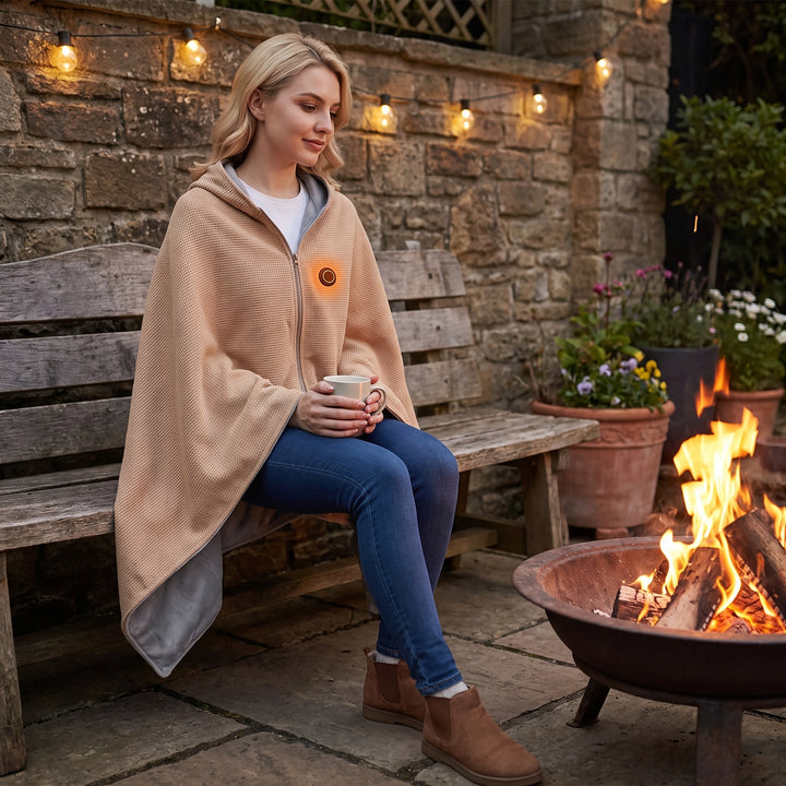 Wearable Heated Blanket with Supportive Poncho Wrap and Zipper Front - in-use