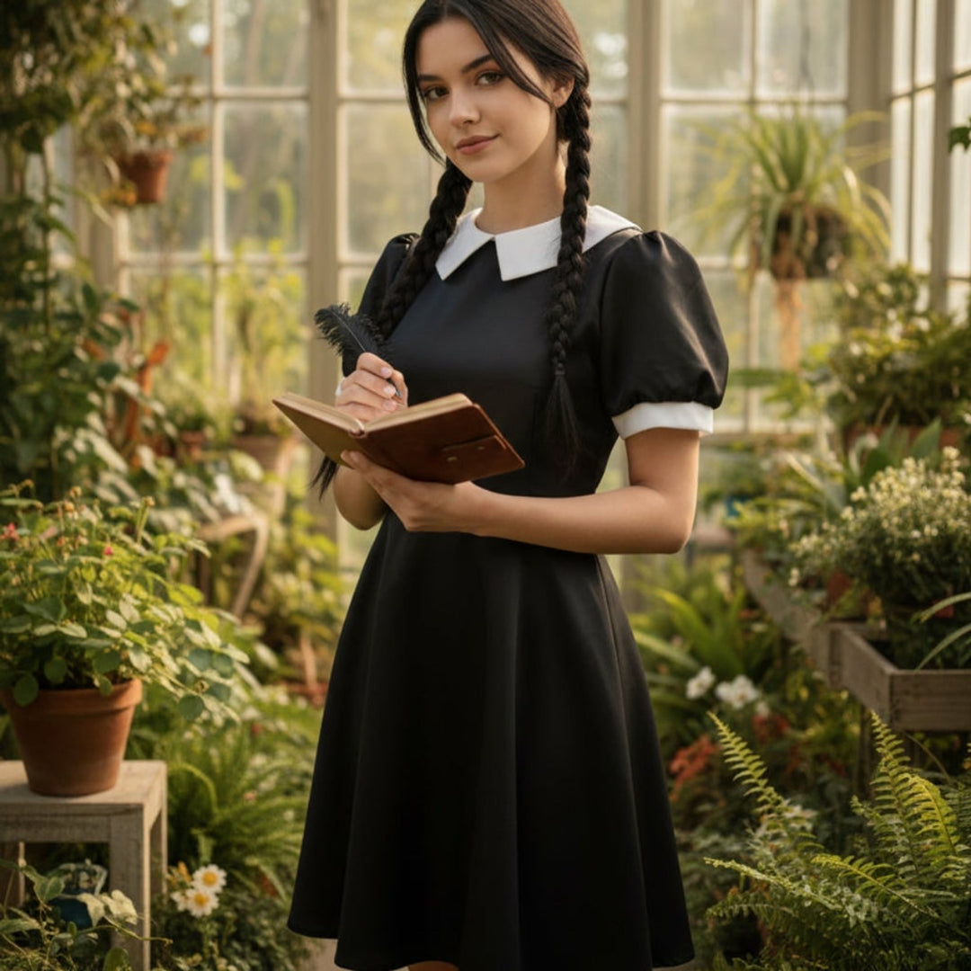 Women's Halloween Costume Gothic Schoolgirl Dress With White Collar And Long Sleeves For Iconic Aesthetic - Image 2