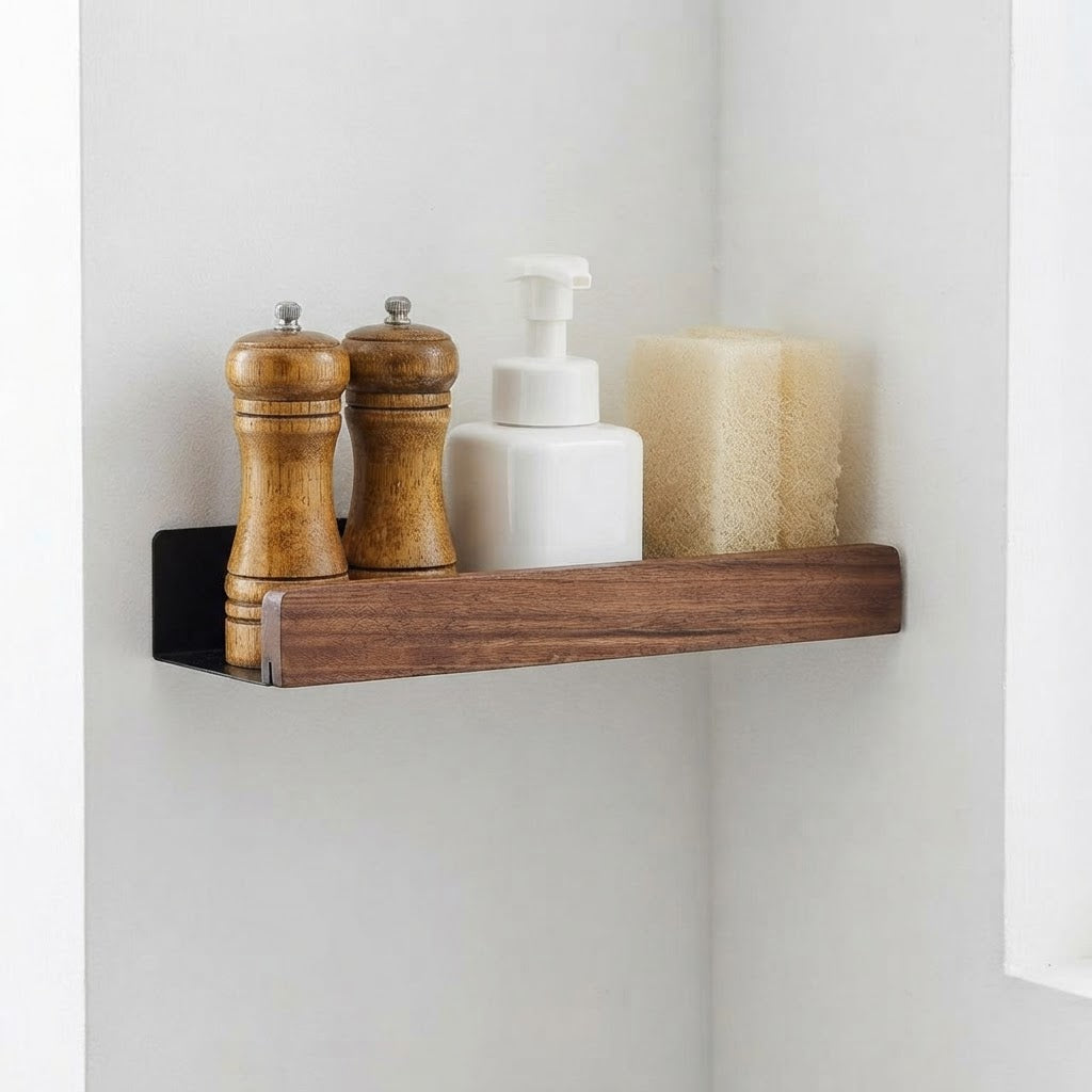 Solid Wood Bathroom Wall Shelf With Self-Adhesive Mounting - Image 1