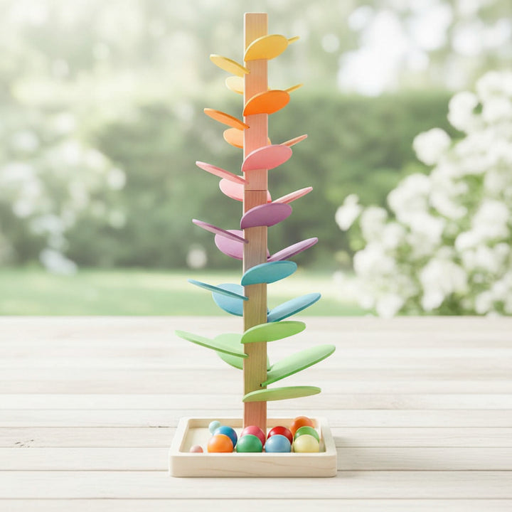 Wooden Ball Drop Tower For Toddlers With Colorful Spiral Design And Natural Wood - Image 1